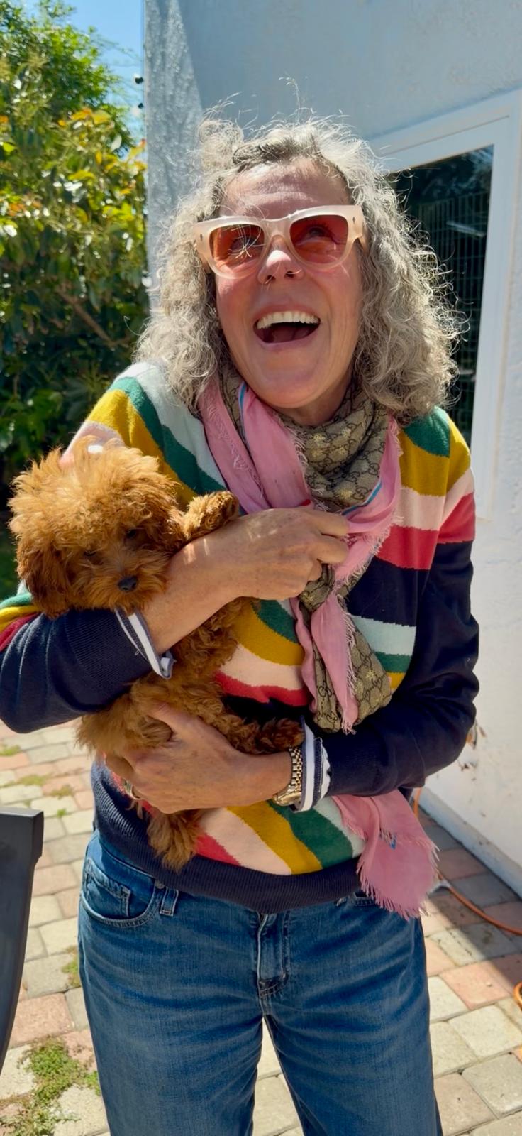 Woman laughing while holding a red Toy Poodle puppy