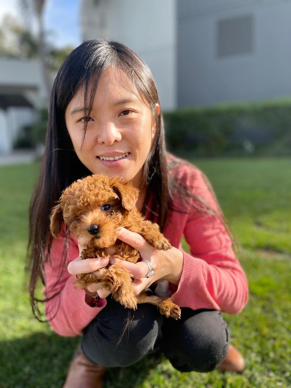 Woman holding a red Toy Poodle puppy outdoors